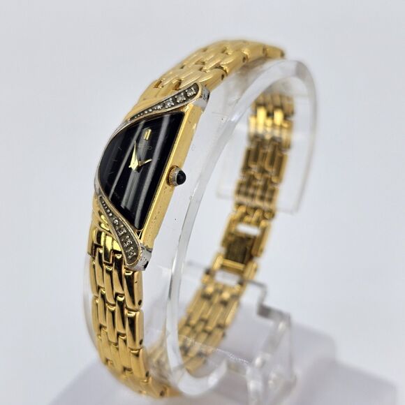 VTG Seiko Half Moon Women\'s Watch 14MM Black Dial Gold Band 6\